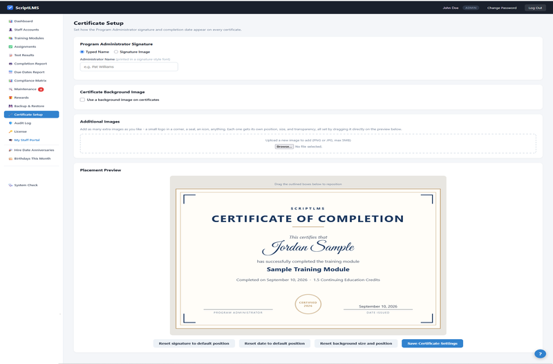 ScriptLMS Certificate Setup for designing training completion certificates